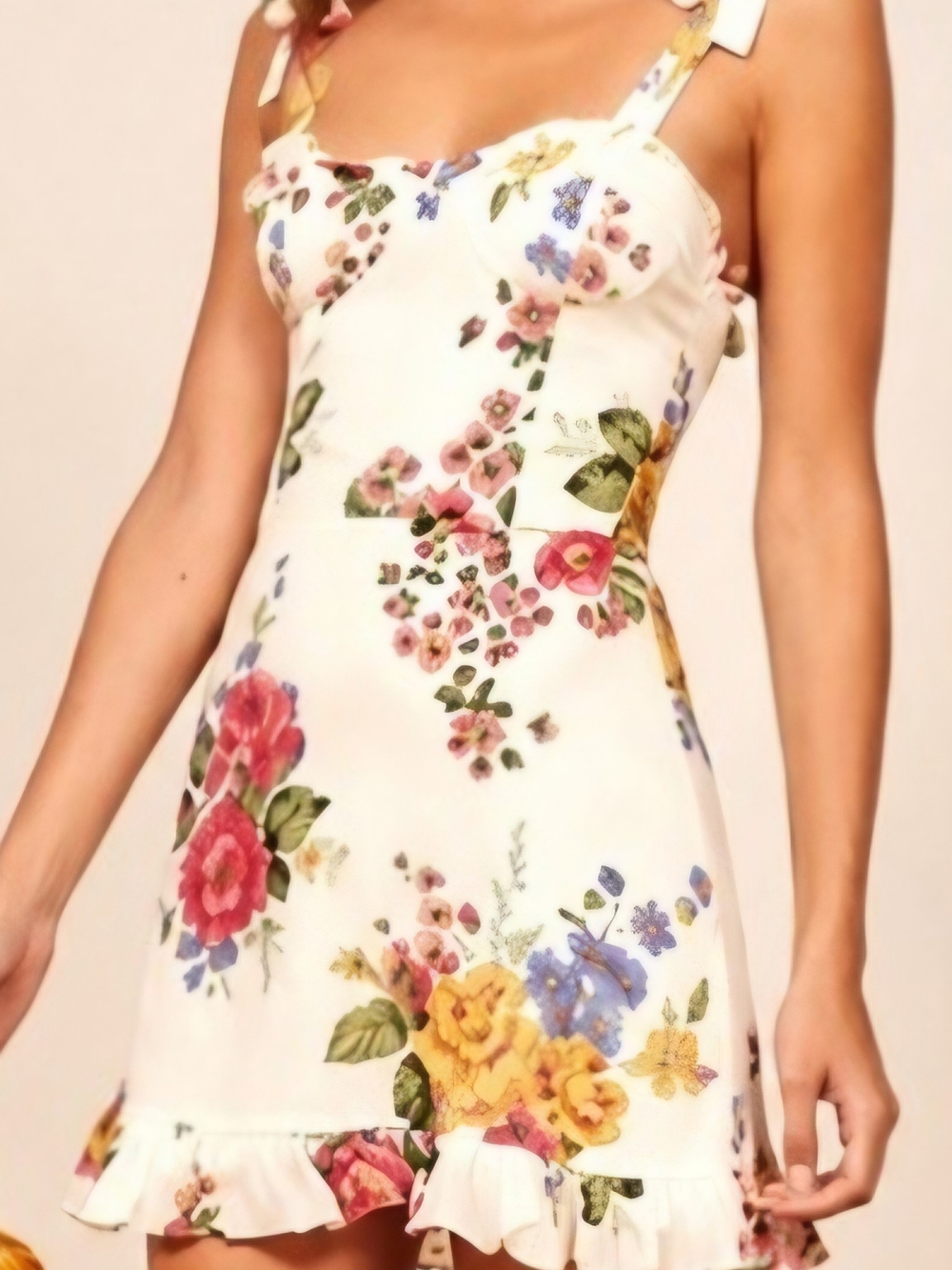 Reformation Christine Floral Bouquet Mini Dress White Tie Strap Ruffle Hem Sz 8